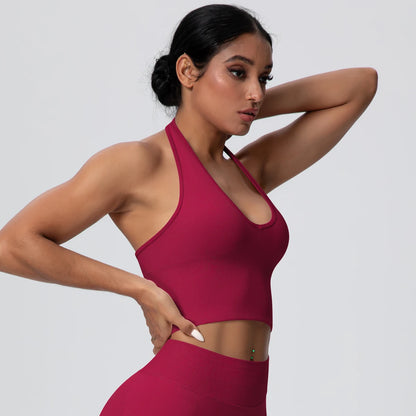 Women Backless Halter Sports Bra Naked Feel Yoga Gym Workout Crop Top