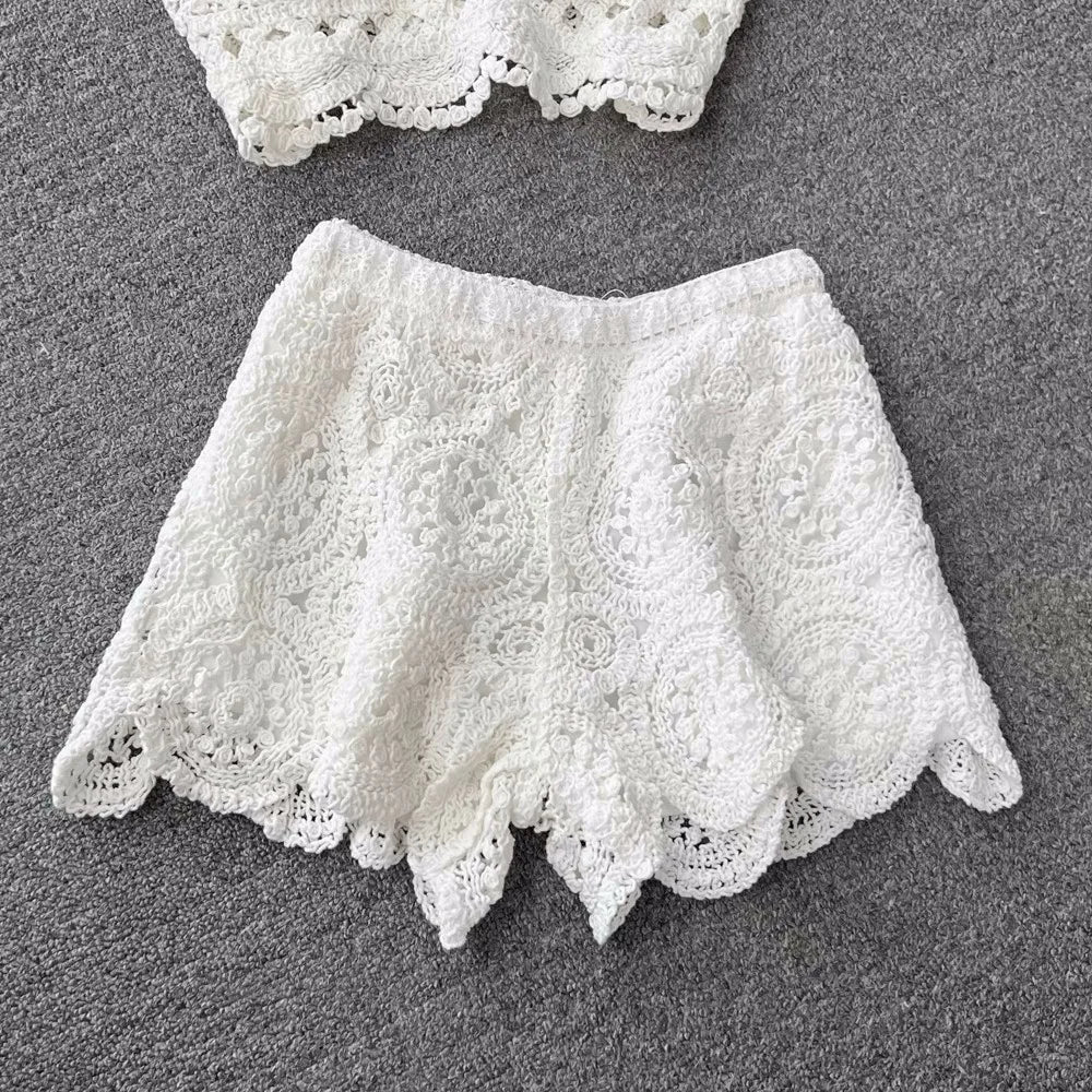 Women Crochet Two Piece Set Summer Y2K Beach Backless Cami Shorts