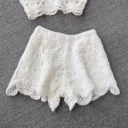 Women Crochet Two Piece Set Summer Y2K Beach Backless Cami Shorts