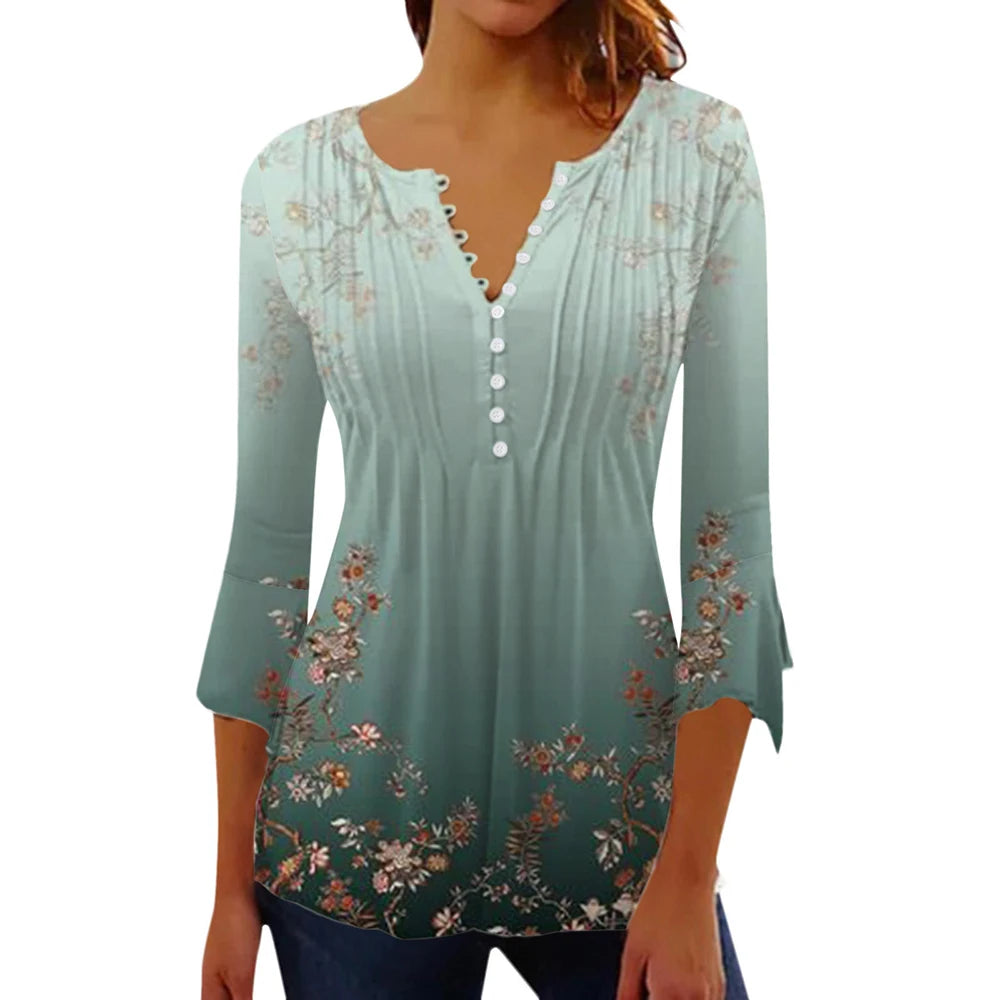 Women Floral V Neck T Shirt Summer Short Sleeve Casual Streetwear Top Holiday