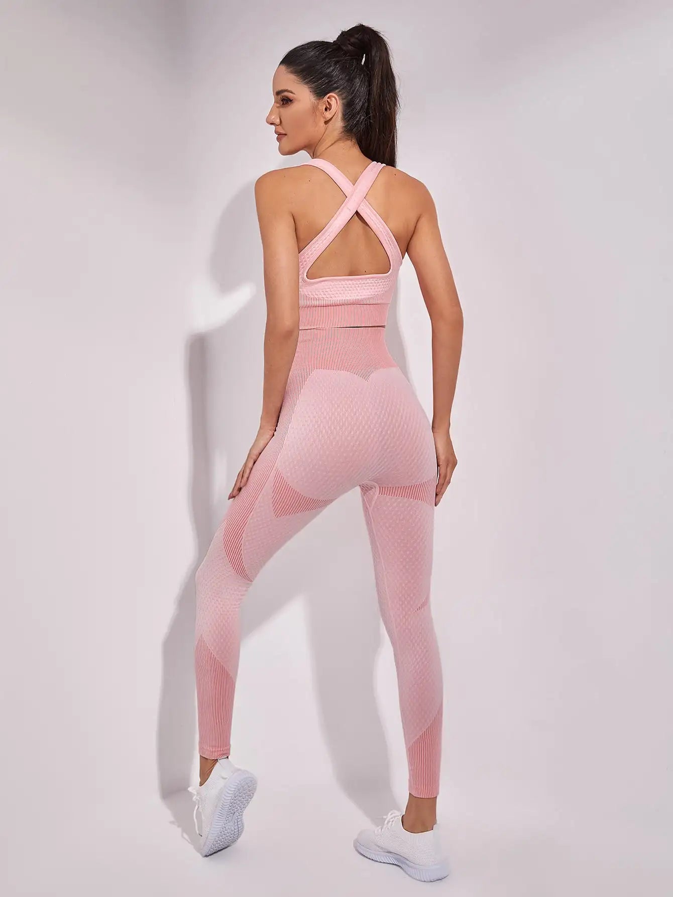 2pcs New Sports Tight Running Yoga Suits Seamless Breathable Back-crossing Vest Bra Women's Outdoor Fitness  Leggings