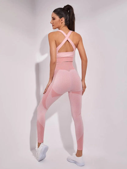 2pcs New Sports Tight Running Yoga Suits Seamless Breathable Back-crossing Vest Bra Women's Outdoor Fitness  Leggings