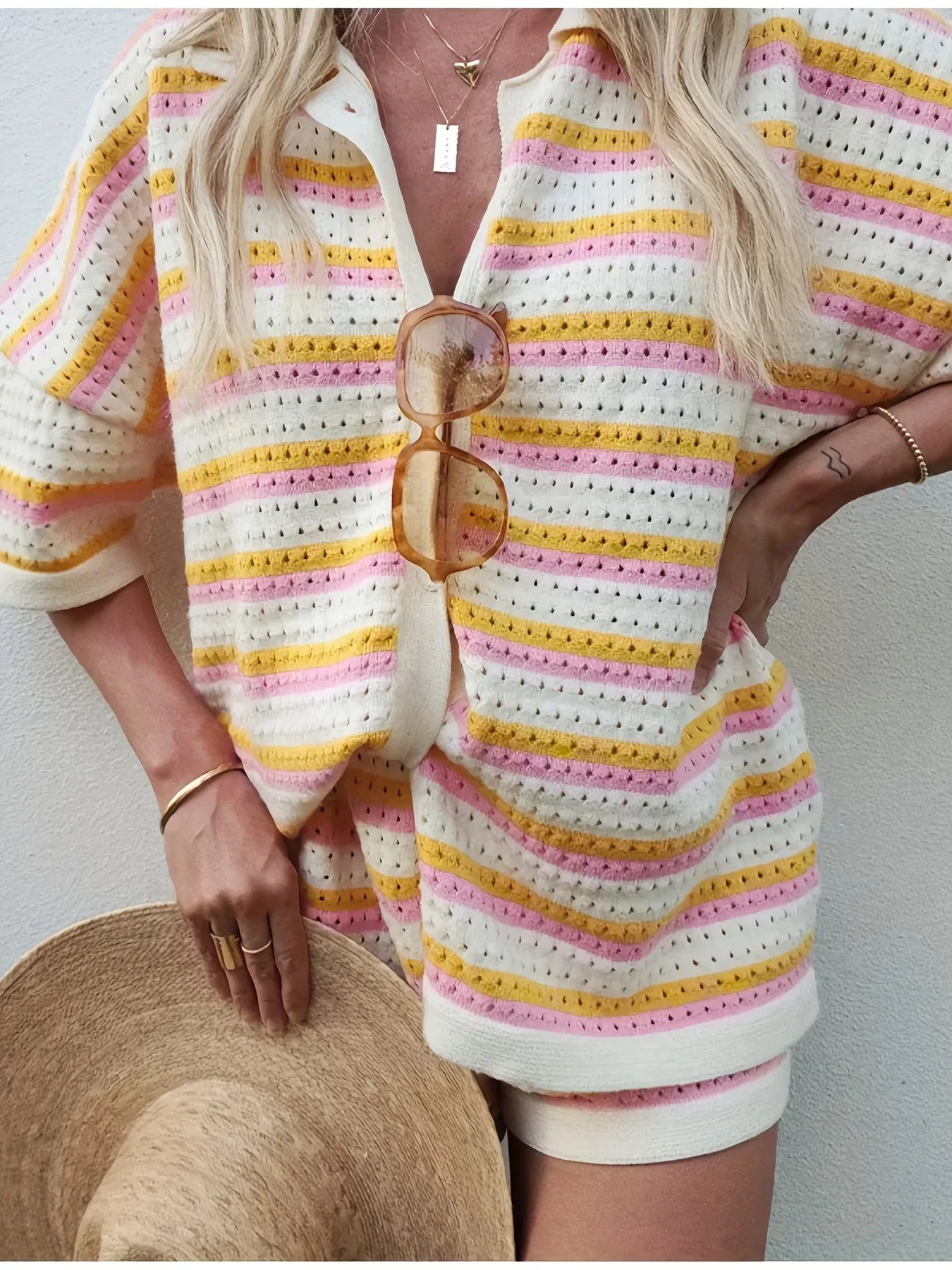 Womens Summer 2 Piece Set Knitted Cardigan Shorts Co Ord Outfit Casual