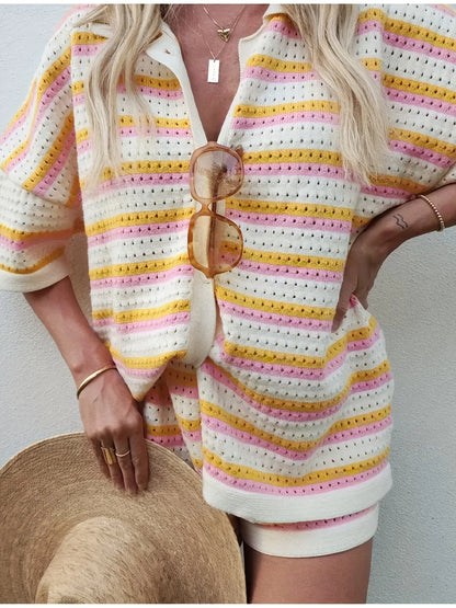 Womens Summer 2 Piece Set Knitted Cardigan Shorts Co Ord Outfit Casual