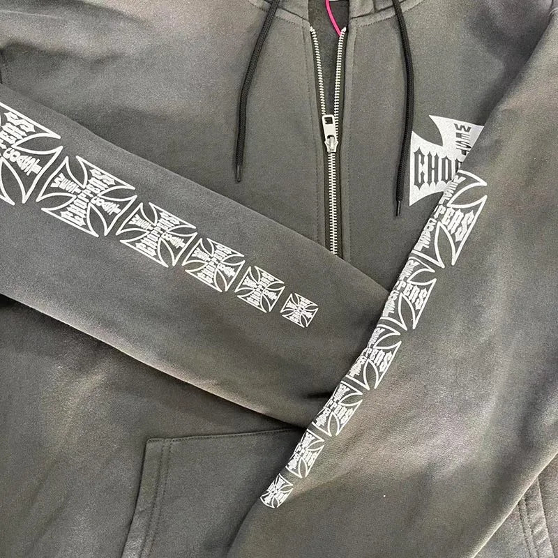 Womans Cross Logo Zipper Hoodie | Vintage Washed Black Oversized