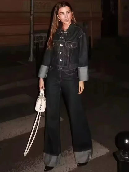 HH Women Denim Set Crop Jacket Wide Leg Jeans Vintage 2 Piece Outfit