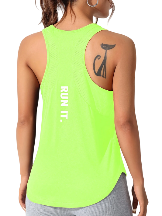 Women Fluorescent Green Sports Vest Letter Print Gym Workout Running Tank