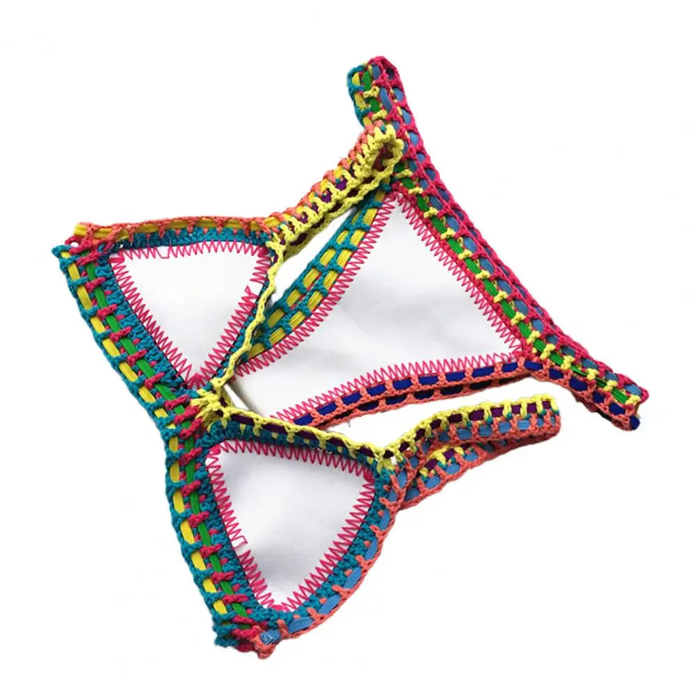 Women Bright Patchwork Crochet Bikini Set Handmade 2 Piece Summer Swimwear