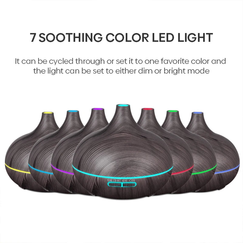 500ML Aromatherapy Essential Oil Diffuser – Wood Grain Design  Remote Control Ultrasonic Air Humidifier with 7-Color LED Light