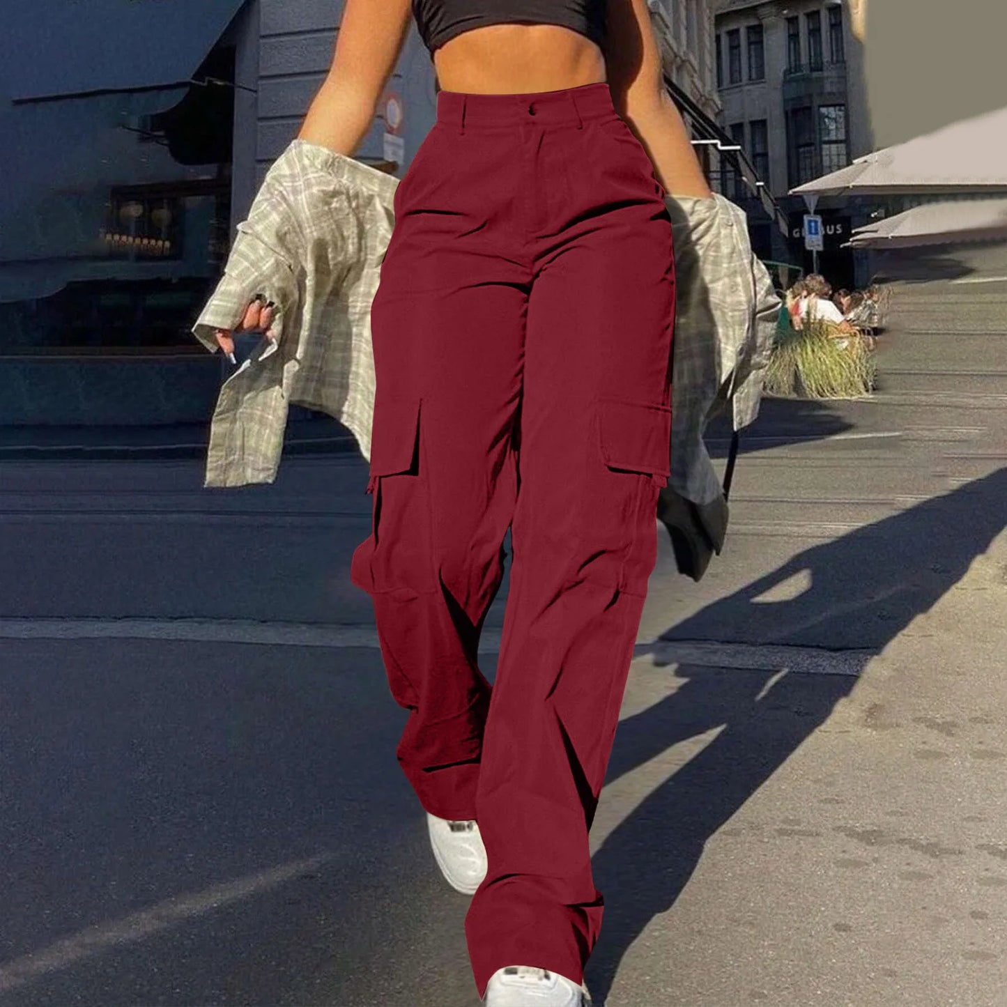 Women Loose Cargo Pants High Waist Wide Leg Trousers Pockets Casual Full Length