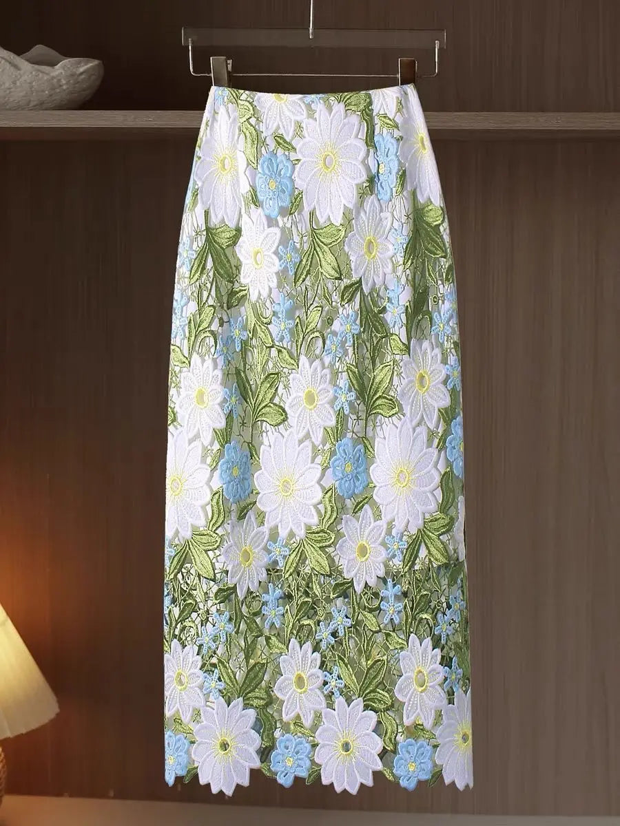 Women’s Crochet Lace High Waist Skirt Floral Embroidered Summer Skirt