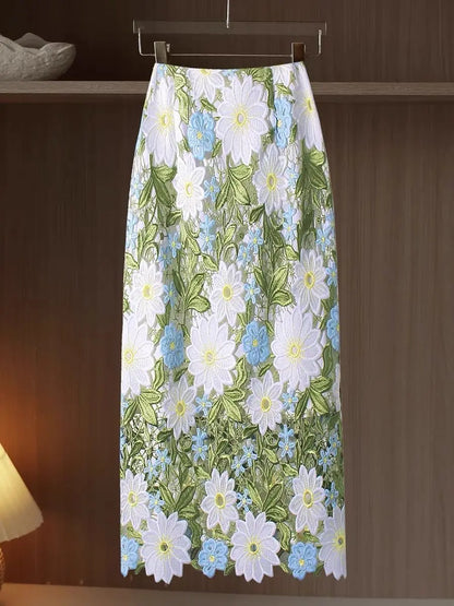 Women’s Crochet Lace High Waist Skirt Floral Embroidered Summer Skirt
