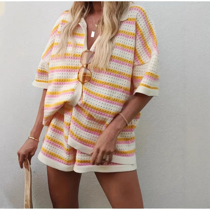 Womens Summer 2 Piece Set Knitted Cardigan Shorts Co Ord Outfit Casual