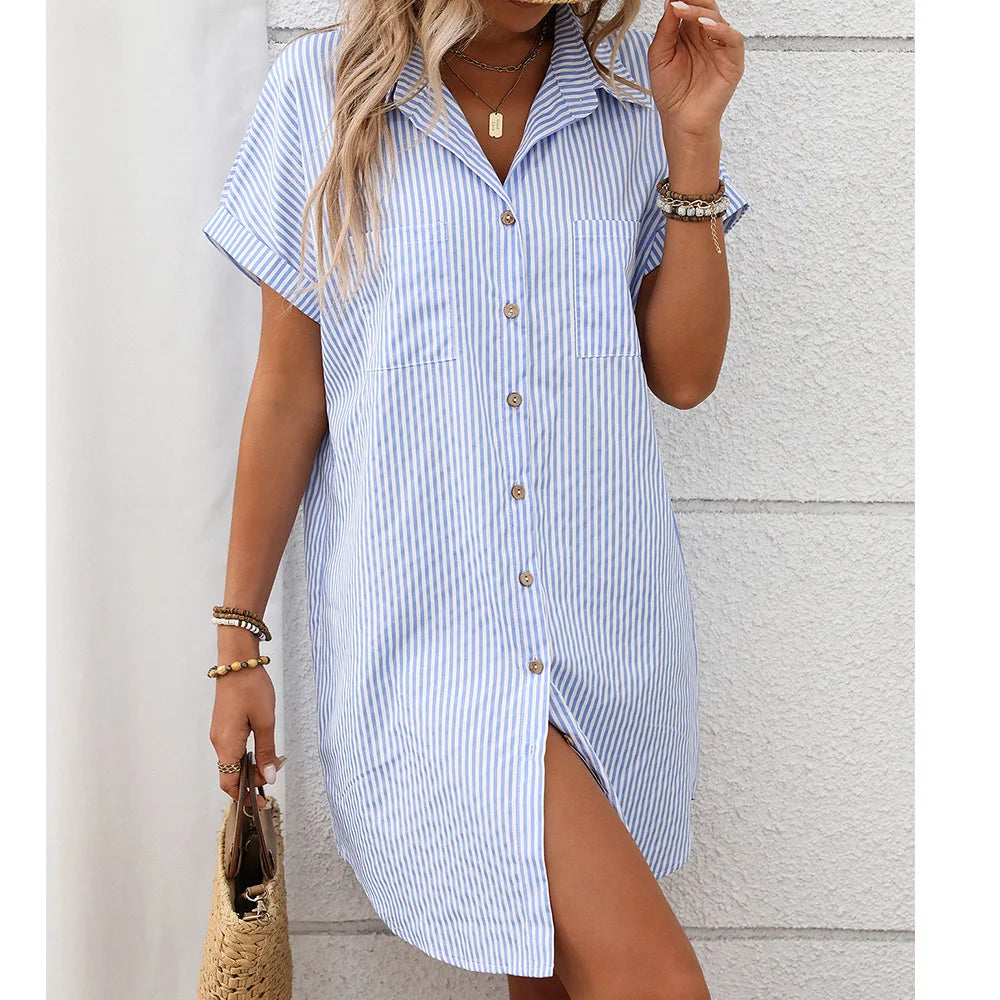 Womens Striped Shirt Dress Cotton Linen Midi Summer Casual Beach Dress