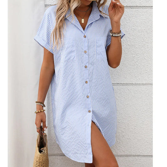 Womens Striped Shirt Dress Cotton Linen Midi Summer Casual Beach Dress