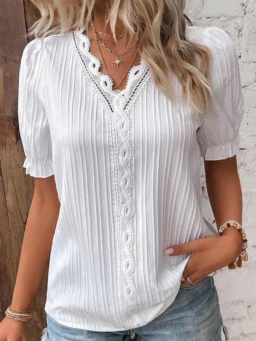 Women Lace V Neck Blouse Elegant Short Sleeve Summer Casual Office Top