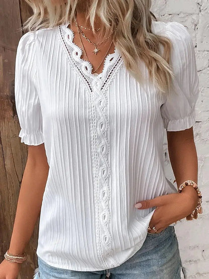Women Lace V Neck Blouse Elegant Short Sleeve Summer Casual Office Top