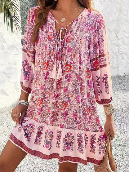 Casual Print Loose Dress – Effortless Vintage Boho Style