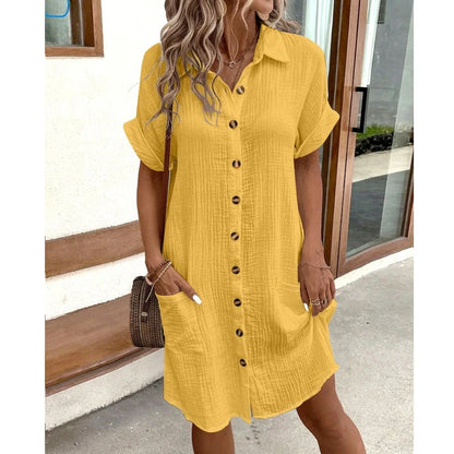 Women Shirt Dress Short Sleeve Loose Summer Casual Office Elegant Pockets