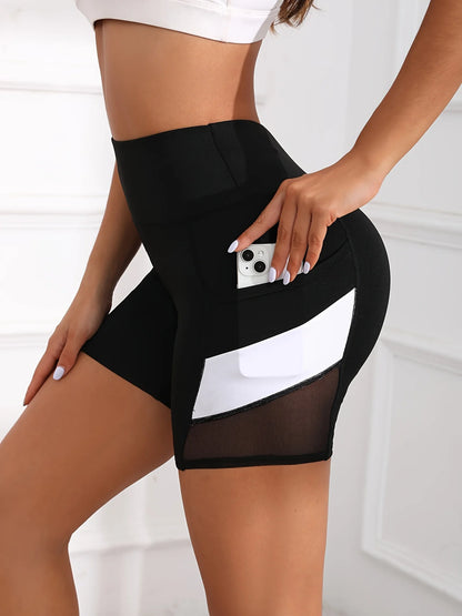 Women High Waist Yoga Shorts Mesh Tummy Control Gym Fitness Shorts Pockets