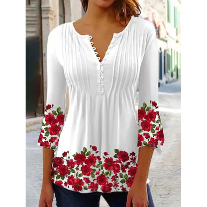 Women Floral V Neck T Shirt Summer Short Sleeve Casual Streetwear Top Holiday
