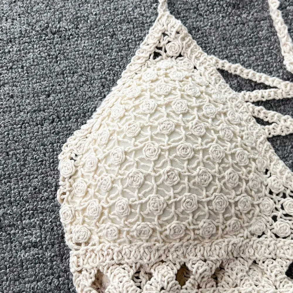 Women Crochet Two Piece Set Summer Y2K Beach Backless Cami Shorts