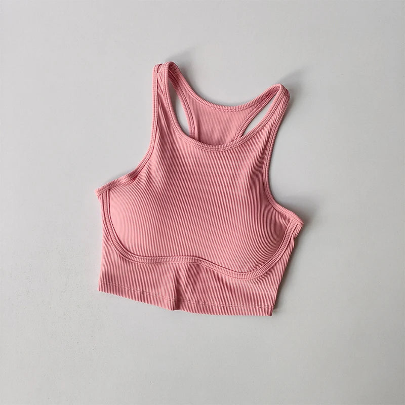 Womens Ribbed Sports Bra High Impact Padded Gym Running Yoga Fitness Top