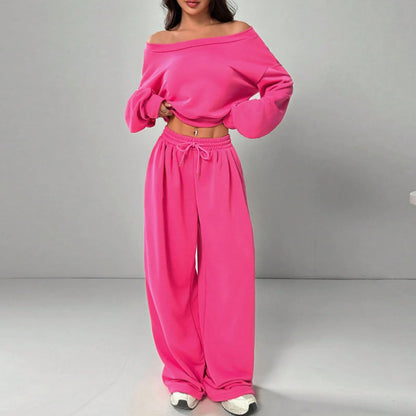 Casual Knitted Loose Long Sleeve Short Set for Women Solid Color Sweatshirt One Shoulder Street Style Polyester Fiber 2025 Au...