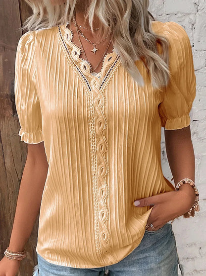 Women V Neck Hollow Top Summer Loose Short Sleeve Plus Size Blouse 2026