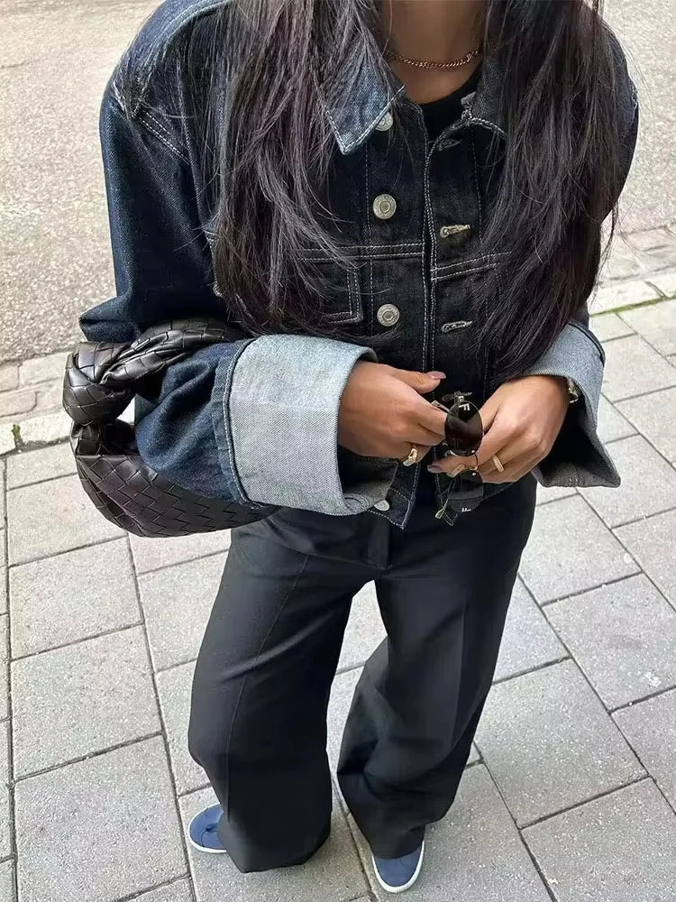 HH Women Denim Set Crop Jacket Wide Leg Jeans Vintage 2 Piece Outfit