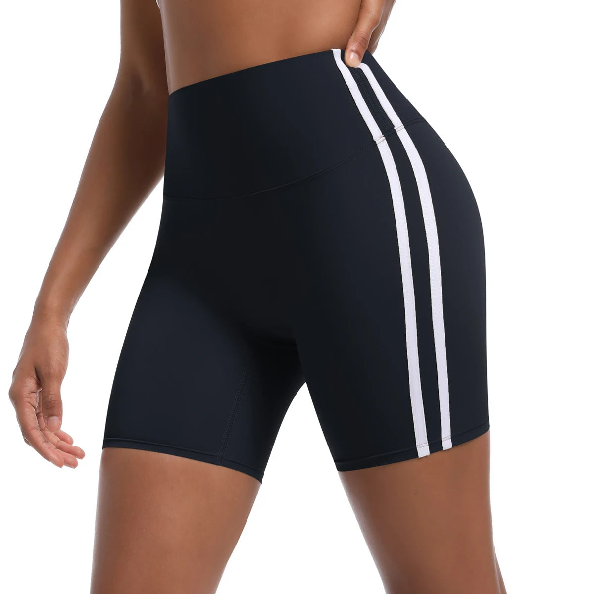 Women High Waist Yoga Shorts Double Stripe Gym Fitness Tummy Control Pants