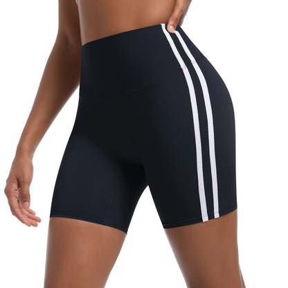 Women High Waist Yoga Shorts Double Stripe Gym Fitness Tummy Control Pants