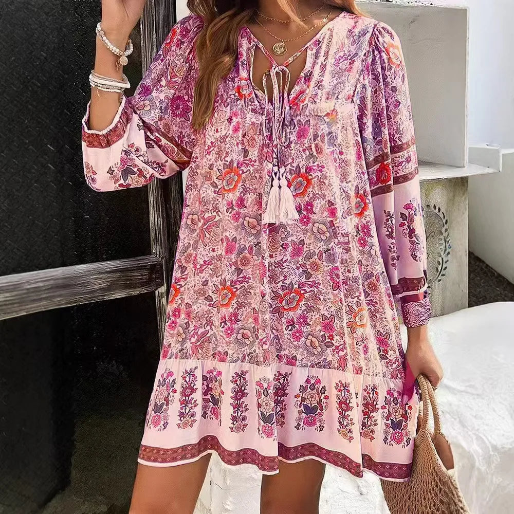 Casual Print Loose Dress – Effortless Vintage Boho Style