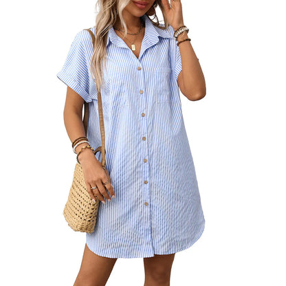 Womens Striped Shirt Dress Cotton Linen Midi Summer Casual Beach Dress
