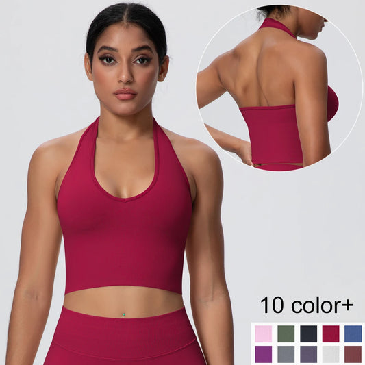Women Backless Halter Sports Bra Naked Feel Yoga Gym Workout Crop Top