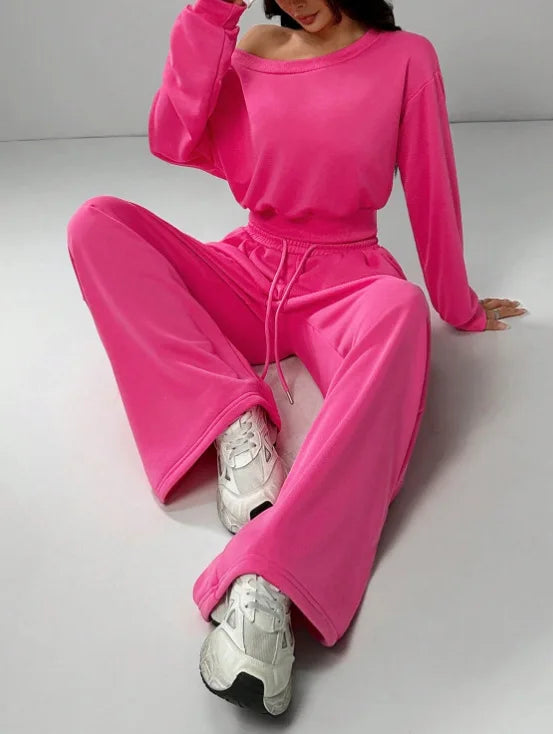Casual Knitted Loose Long Sleeve Short Set for Women Solid Color Sweatshirt One Shoulder Street Style Polyester Fiber 2025 Au...