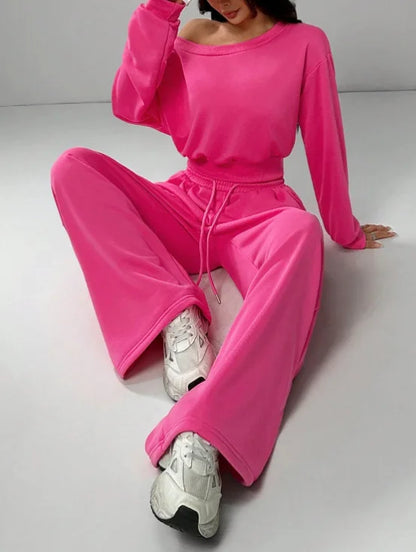 Casual Knitted Loose Long Sleeve Short Set for Women Solid Color Sweatshirt One Shoulder Street Style Polyester Fiber 2025 Au...