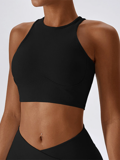 Womens Ribbed Sports Bra High Impact Padded Gym Running Yoga Fitness Top
