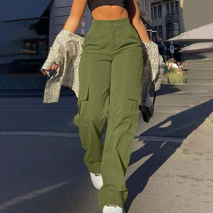 Women Loose Cargo Pants High Waist Wide Leg Trousers Pockets Casual Full Length