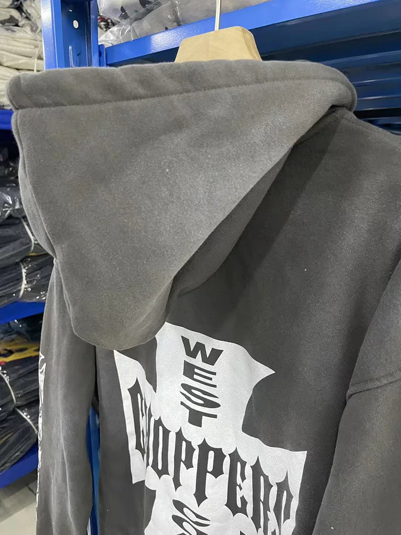 Womans Cross Logo Zipper Hoodie | Vintage Washed Black Oversized
