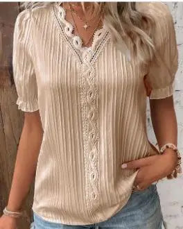 Women Lace V Neck Blouse Elegant Short Sleeve Summer Casual Office Top