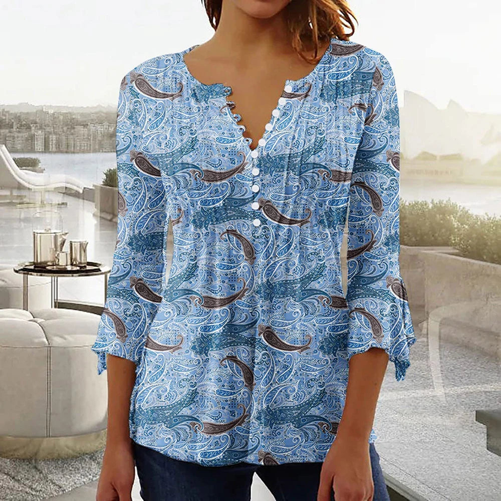 Women Floral V Neck T Shirt Summer Short Sleeve Casual Streetwear Top Holiday