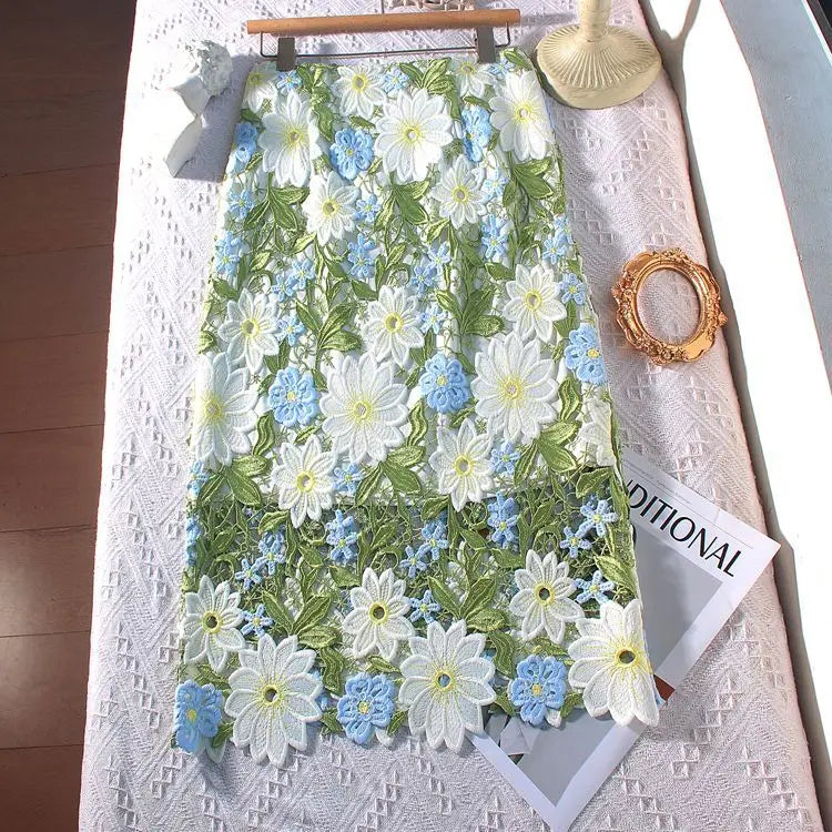 Women’s Crochet Lace High Waist Skirt Floral Embroidered Summer Skirt