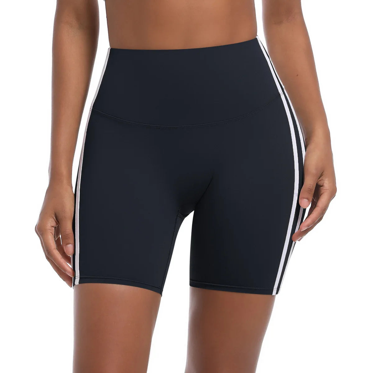 Women High Waist Yoga Shorts Double Stripe Gym Fitness Tummy Control Pants