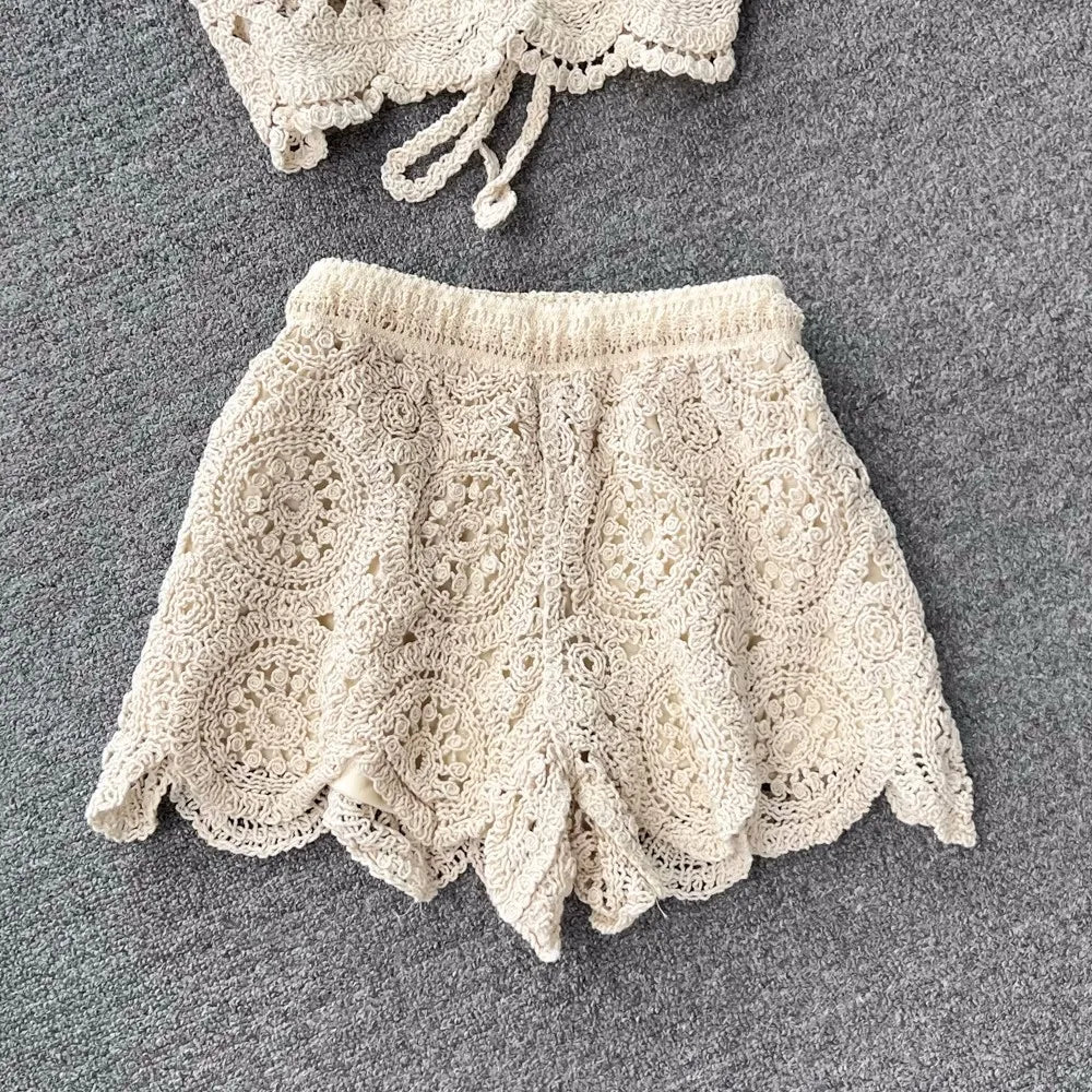 Women Crochet Two Piece Set Summer Y2K Beach Backless Cami Shorts