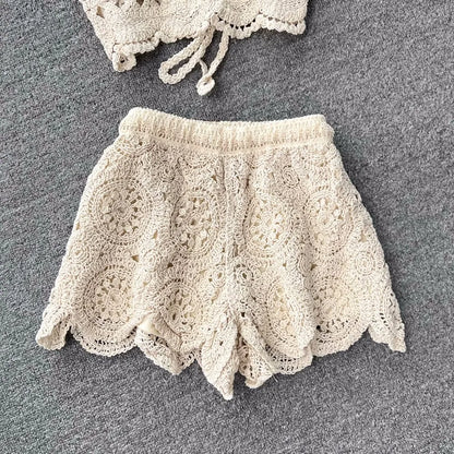 Women Crochet Two Piece Set Summer Y2K Beach Backless Cami Shorts