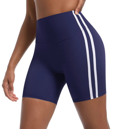 Women High Waist Yoga Shorts Double Stripe Gym Fitness Tummy Control Pants