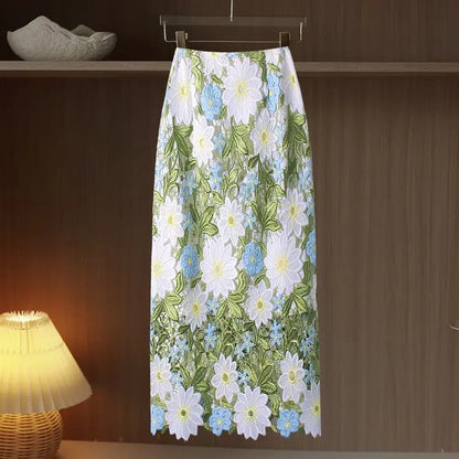 Women’s Crochet Lace High Waist Skirt Floral Embroidered Summer Skirt
