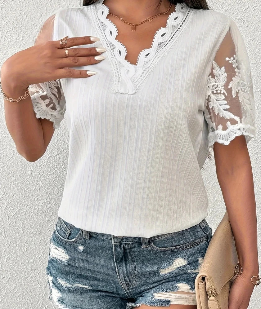 Womens Lace Sleeve Blouse Loose Fit Elegant Casual Holiday Summer Top