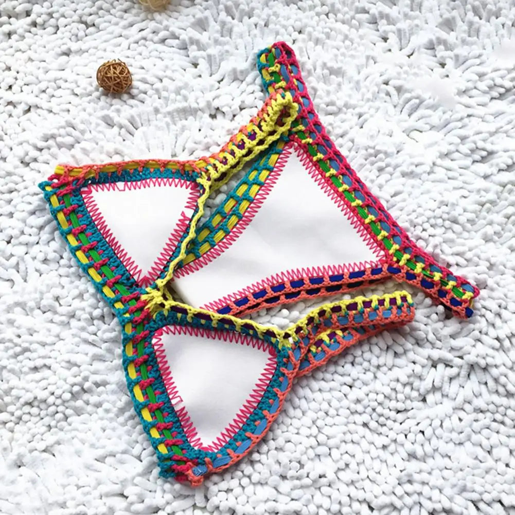 Women Bright Patchwork Crochet Bikini Set Handmade 2 Piece Summer Swimwear